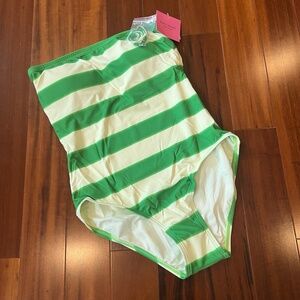 New NWT Kate Spade Swimsuit Pesto Green White Stripe One-Piece Straps Sz Medium